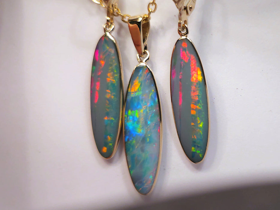 Fulmine Celeste' 14k Gold Rare Australian Opal Pendant & Earring Set 15.5ct M55