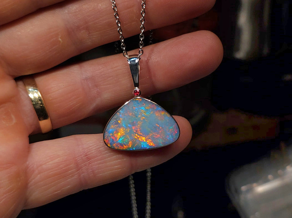 Orionis' Large Australian Silver Opal Pendant Natural Red Spinel 4.1g Q56