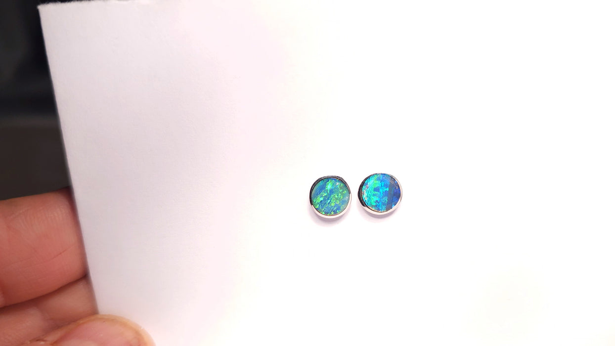 Emerald Sea' Australian Stud Opal Earrings Silver Inlay Gift 8mm 6.8ct K11