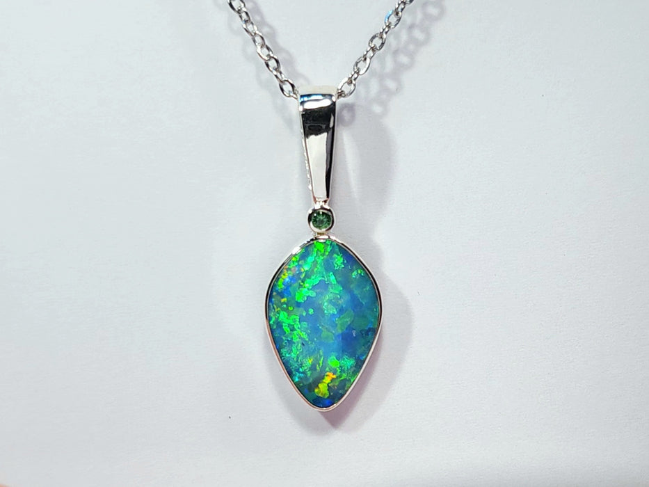 Librae' Large Australian Silver Opal Pendant Green Tsavorite 2.2g Q58