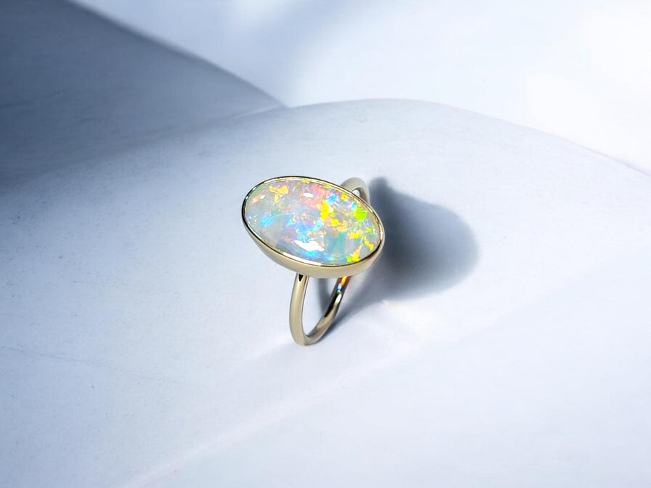 Firelight' Rare Solid Australian Opal Ring 14 K Gold Free Sizing 2.4g Q35