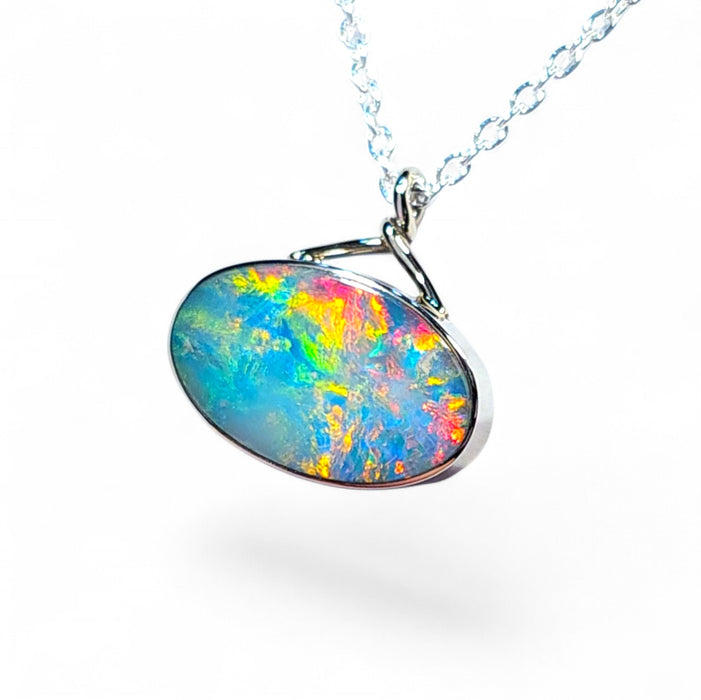 Shiroi Niji' Genuine Australian Opal 14k White Gold Pendant Necklace 1.8g Q66