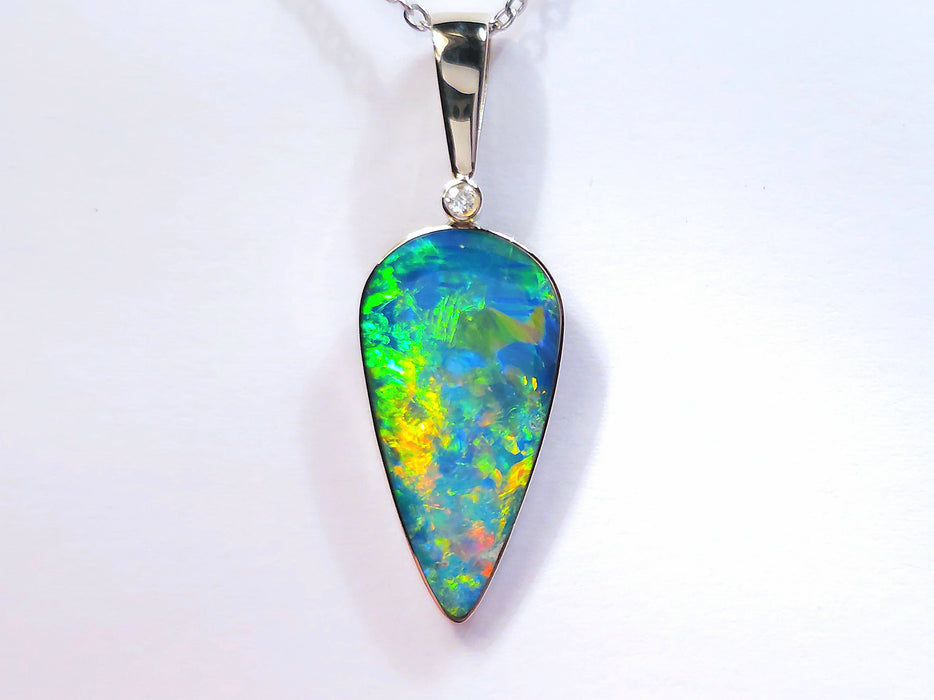 Fuego Raro' Rare Australian Opal & Diamond Pendant 14k White Gold 16.2ct O98