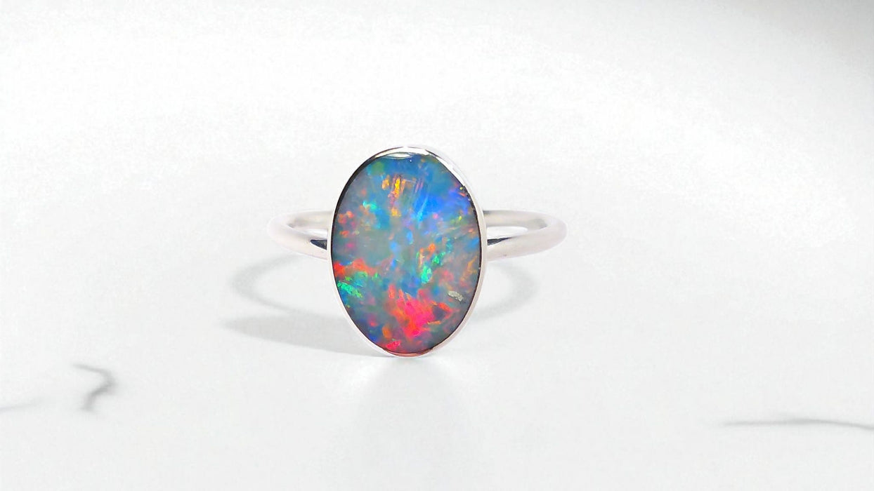 Ovali Fiore' Genuine Australian Opal Ring 925 Silver Sz 7 Free Re-Size P09