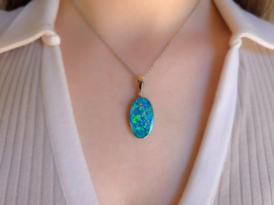 Verdi Gelidi' Rare Australian Opal & Diamond Pendant 14k White Gold 18ct O97