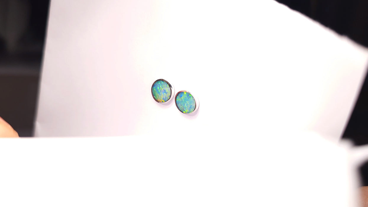 Cyan Sparkle' Australian Stud Opal Earrings Silver Inlay Gift 8mm 6.7ct K12