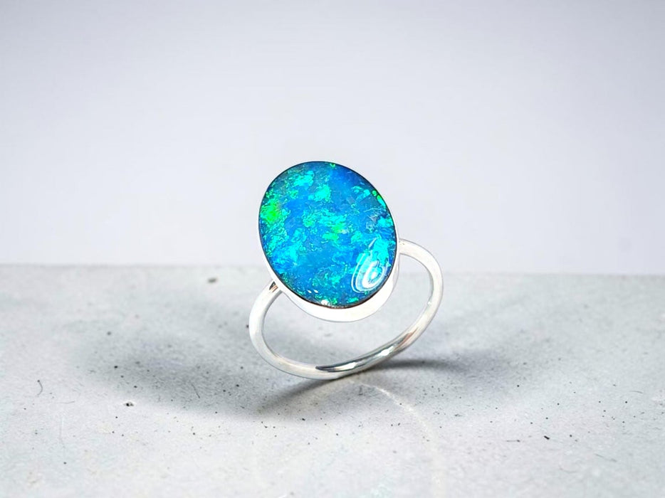 Hisui Ember' Large Australian Opal Ring Silver Free Re-Size P37