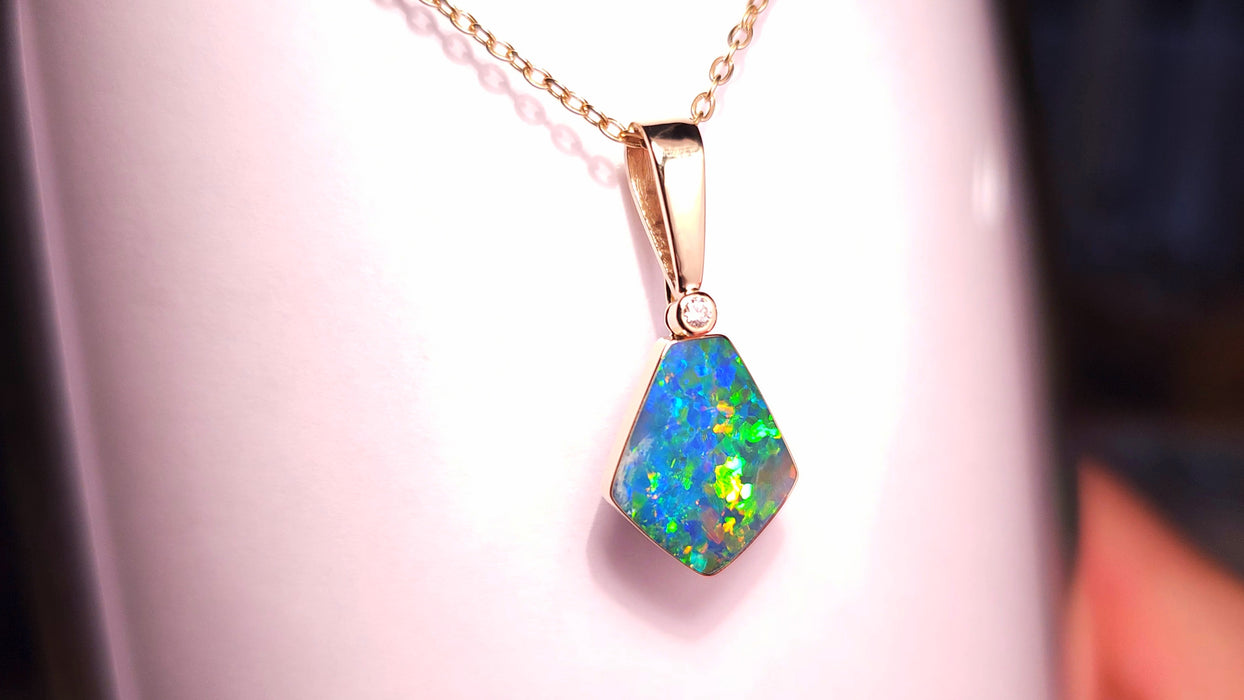 Rare Fire' Brilliant Gem Australian Opal Pendant & Natural Diamond 8.9ct J41