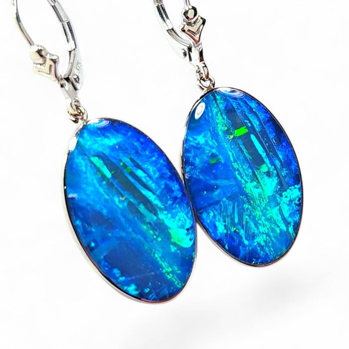 Blue Bells' Large Australian Opal Solid White Gold Dangle Earrings 4.6g Q63