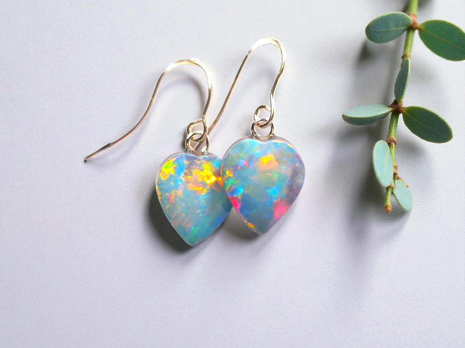 Two Hearts' Australian Opal Dangle Doublet Earrings 14k Gold 5.3ct P23