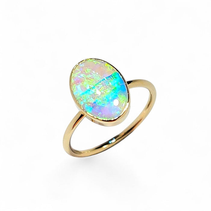 Lasair' Rare Solid Australian Opal Ring 14 K Gold Free Sizing 2.23g