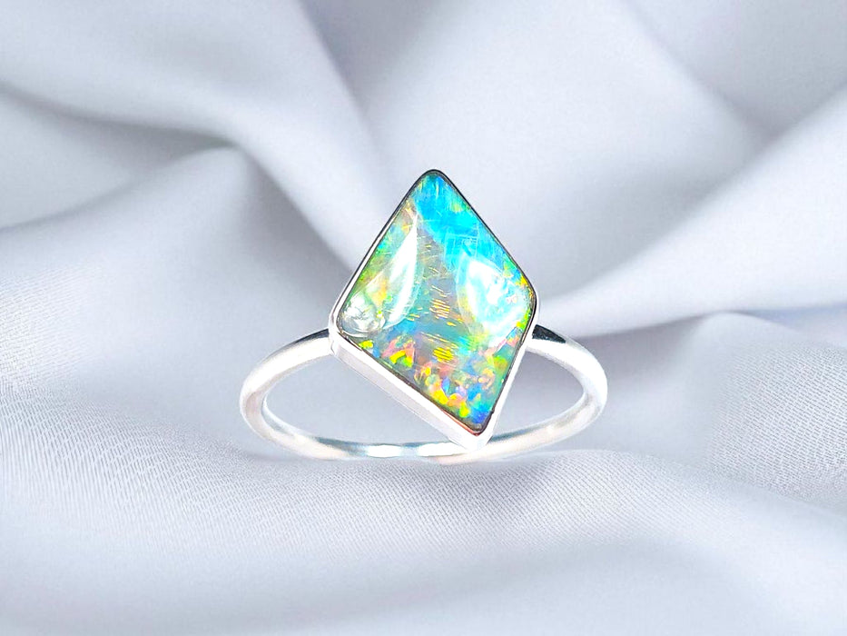 Diamante' Genuine Australian Opal Ring 925 Silver Sz 7 Free Re-Size O31
