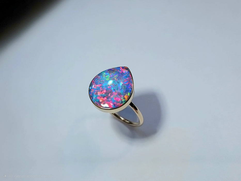Sakura' Rare Super Gem 14k Gold Australian Opal Ring 2.8g Free-Size Q38
