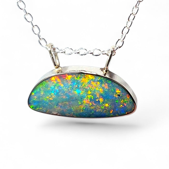Asbru' Genuine Australian Opal Necklace 14K White Gold 1.9g Q76