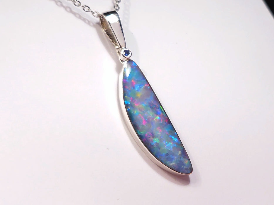 Lunaris' Australian Silver Opal Pendant Natural Sapphire Jewelry 16.3ct L95