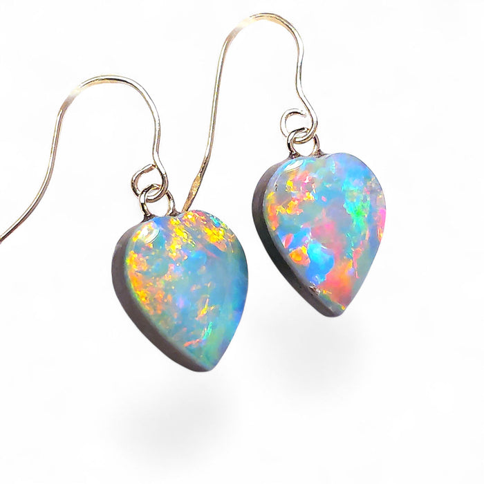 Two Hearts' Australian Opal Dangle Doublet Earrings 14k Gold 5.3ct P23