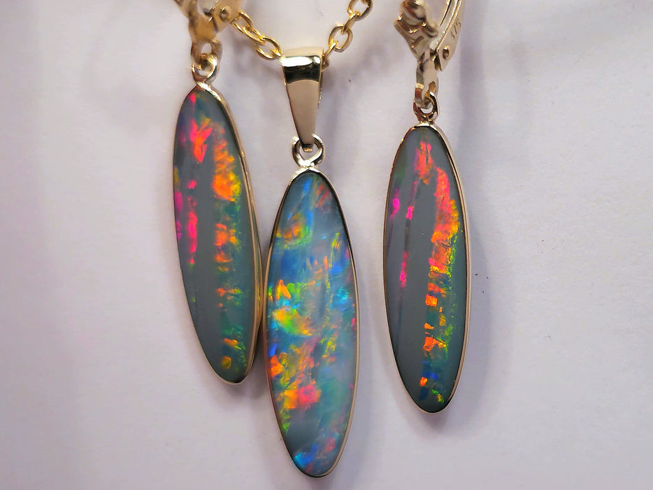 Fulmine Celeste' 14k Gold Rare Australian Opal Pendant & Earring Set 15.5ct M55