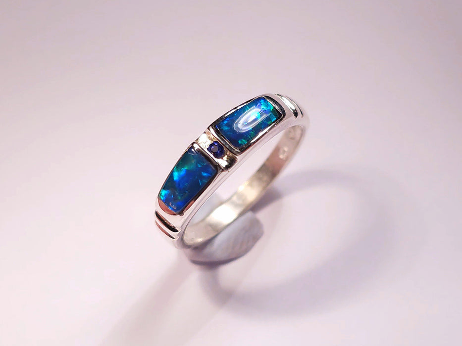 Sapphira' Natural Australian Opal & Sapphire Ring Size 6.5 Silver Gem Gift L02