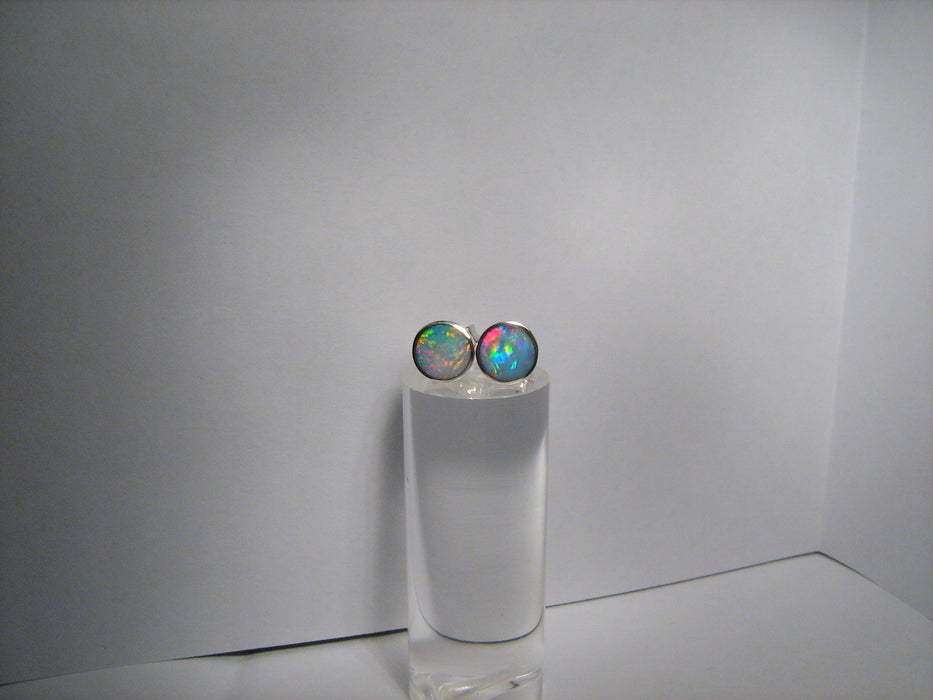 Australian Opal Earrings Silver Inlay Stud Jewelry Gem Gift 8mm 7.1ct J05