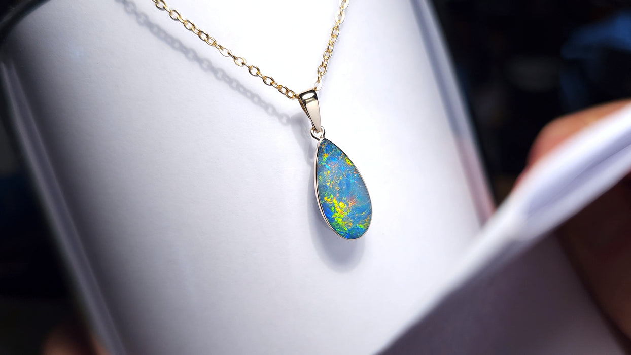 Aqua Fire' Australian Opal Pendant Inlay Jewelry 4.6ct 14k Gold Super Gem J81