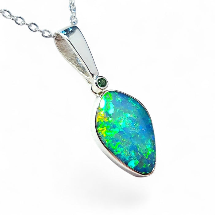Librae' Large Australian Silver Opal Pendant Green Tsavorite 2.2g Q58
