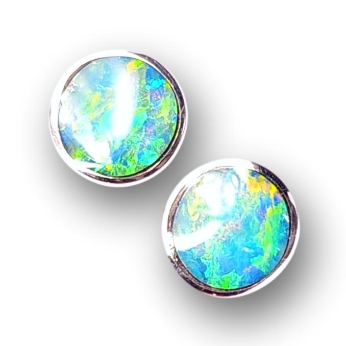 Cyan Sparkle' Australian Stud Opal Earrings Silver Inlay Gift 8mm 6.7ct K12