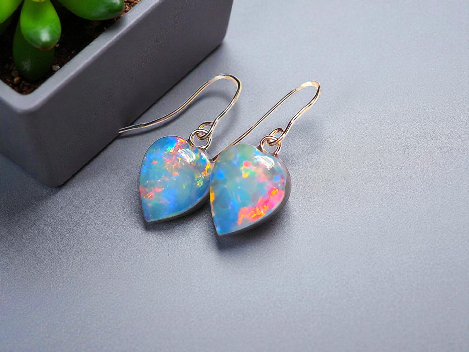 Two Hearts' Australian Opal Dangle Doublet Earrings 14k Gold 5.3ct P23