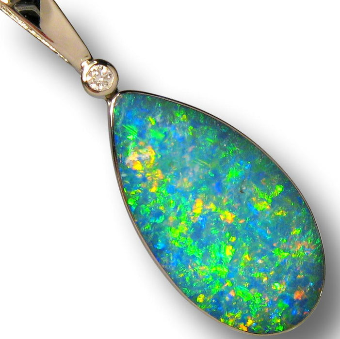 Genuine Australian Opal Pendant 12.9ct 14k White Gold & Diamond Inlay Gem I93