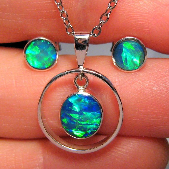 Brilliant Green Fire Australian Opal Pendant & Stud Set Gem Gifts 12.45ct J15