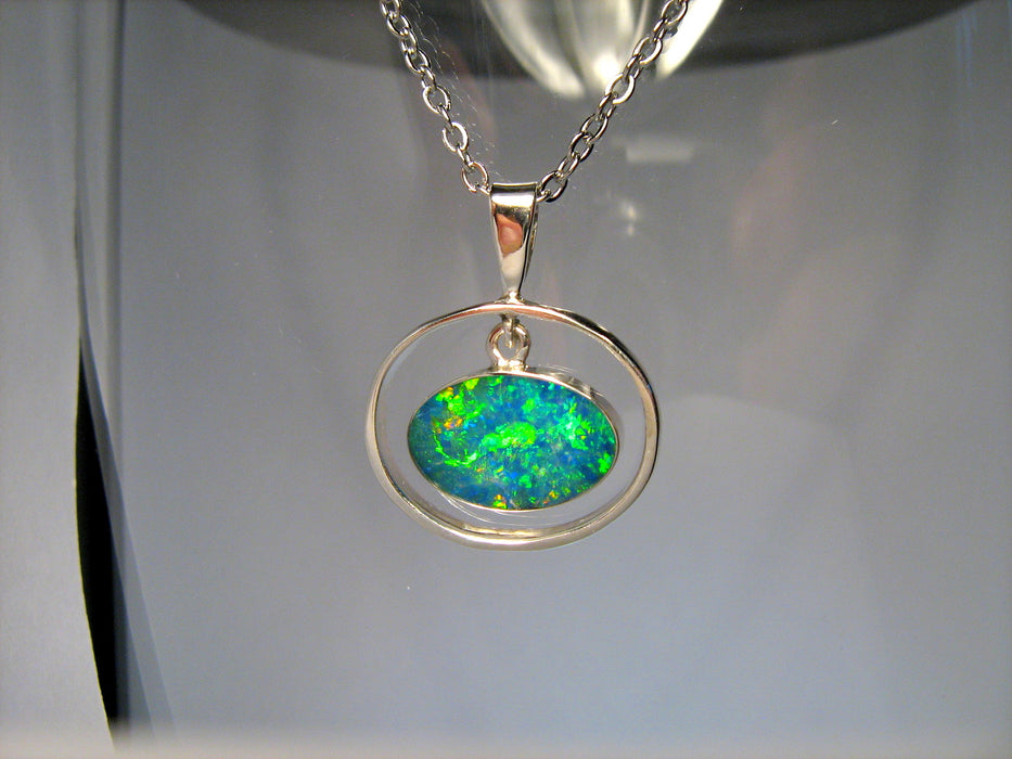 Australian Opal Pendant Silver Bright Green Gold Fire Hoop Gift Gem 7.4ct I94
