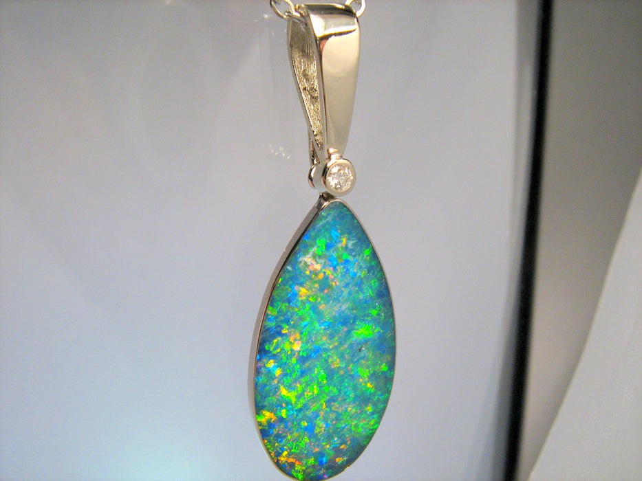 Genuine Australian Opal Pendant 12.9ct 14k White Gold & Diamond Inlay Gem I93