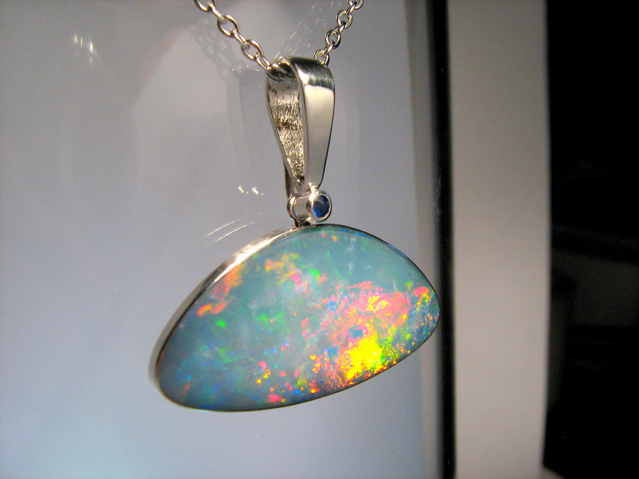 Large Australian Silver Opal Pendant Natural Sapphire Jewelry Gift 17.6ct I87