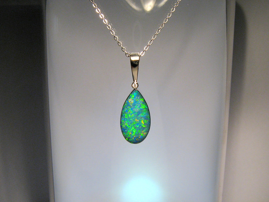 Genuine Australian Opal Pendant 12.9ct 14k White Gold & Diamond Inlay Gem I93