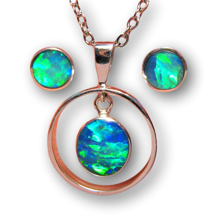 Brilliant Green Fire Australian Opal Pendant & Stud Set Gem Gifts 12.45ct J15