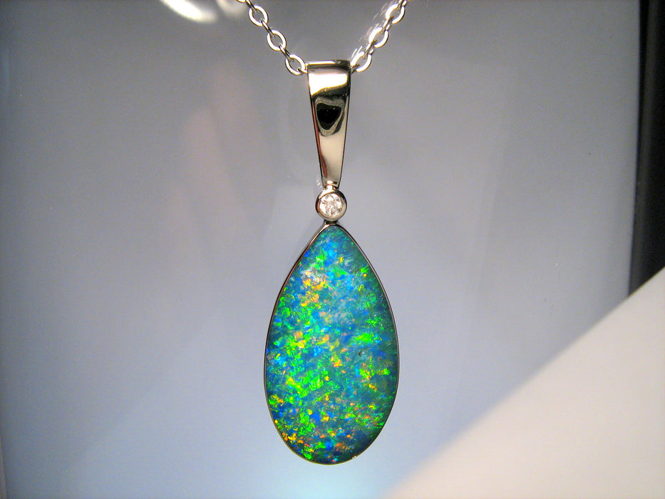 Genuine Australian Opal Pendant 12.9ct 14k White Gold & Diamond Inlay Gem I93