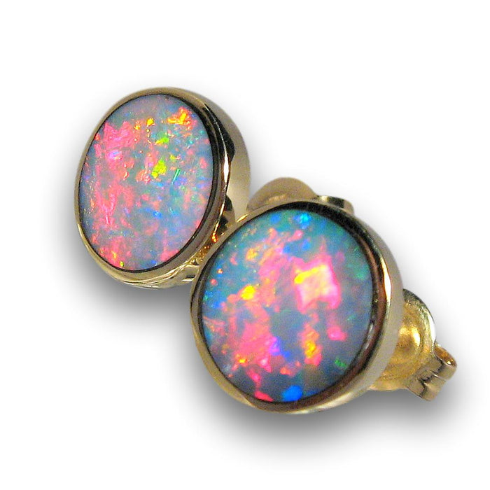 Australian Stud Opal Earrings Inlay Jewelry Gem Gift 8mm 14kt Gold 7.65ct J08