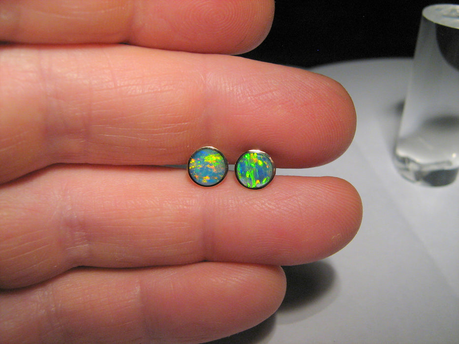 Australian Stud Opal Earrings Inlay Jewelry Gem Gift 7mm 14kt Gold 4.35ct J09