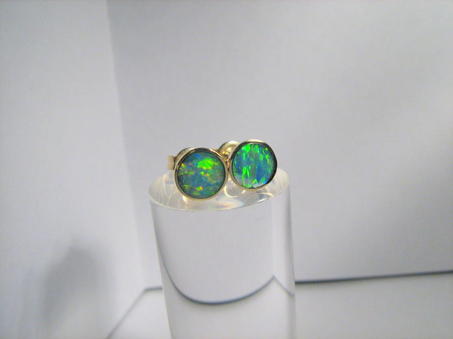 Australian Stud Opal Earrings Inlay Jewelry Gem Gift 7mm 14kt Gold 4.35ct J09