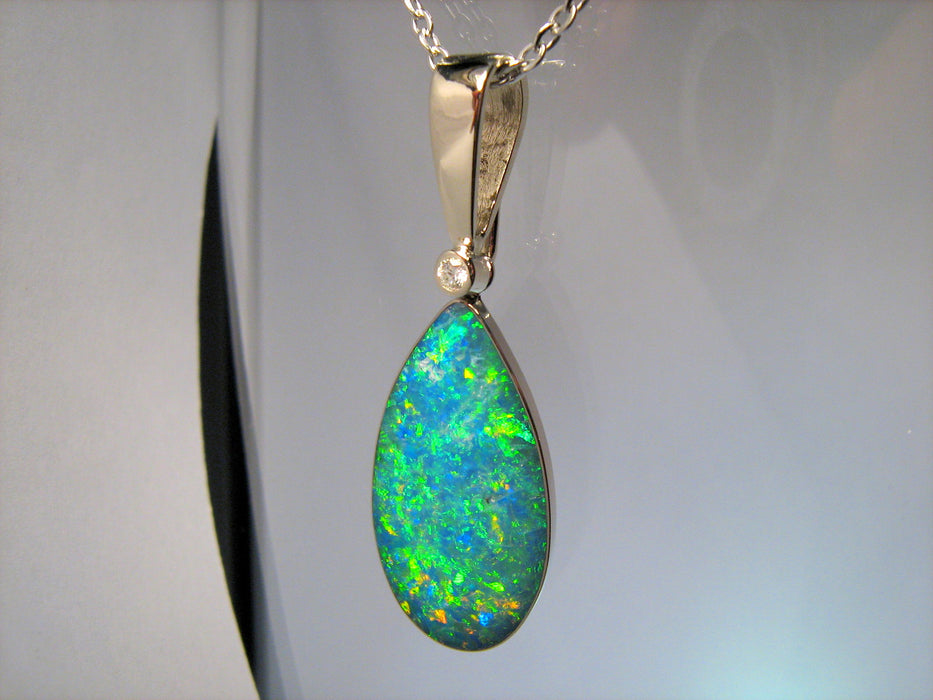 Genuine Australian Opal Pendant 12.9ct 14k White Gold & Diamond Inlay Gem I93